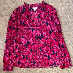J. Crew Navy and Hot Pink Floral V-Neck Blouse